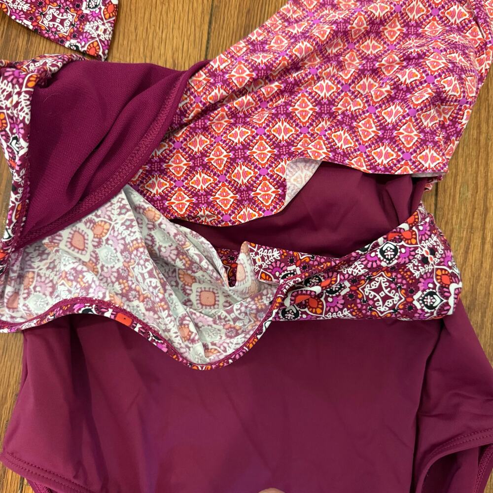Lauren‎ Ralph Lauren maroon geometric tile print wrap top bathing suit size 4 - Picture 3 of 8